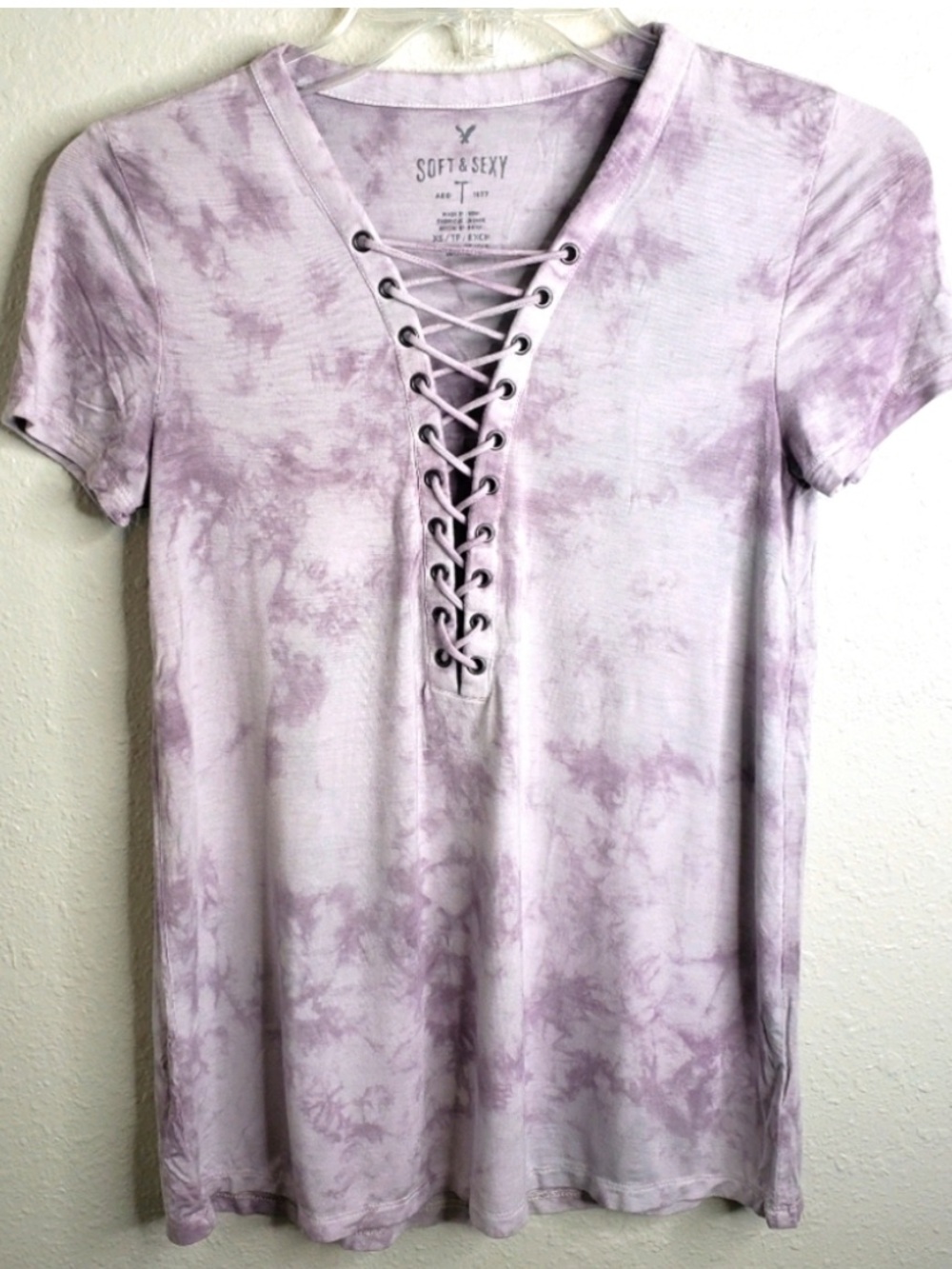 AE Outfitters Lavender Tie-Dye Lace-Up Tee